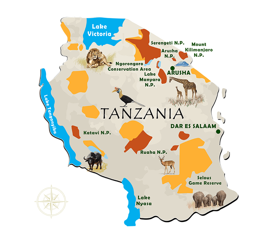 Tanzania safari map highlighting key national parks including Serengeti, Ngorongoro, and Tarangire